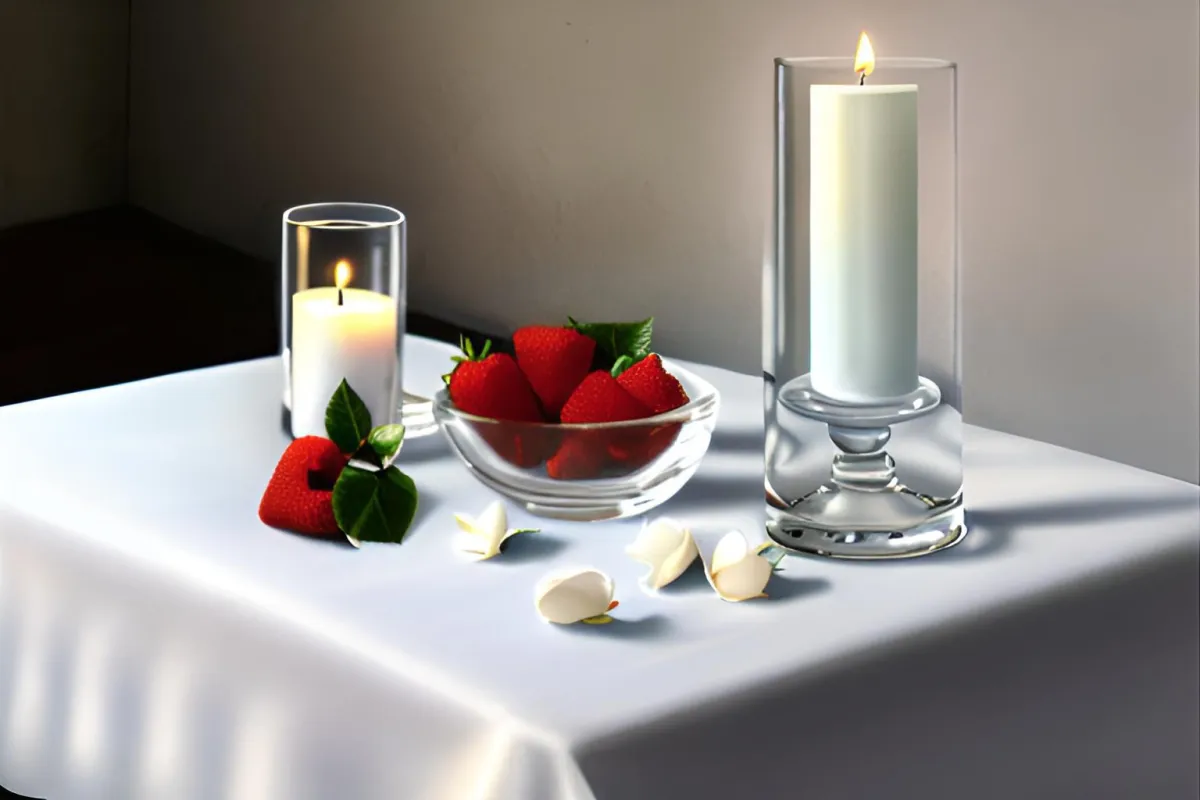 ancestor altar made of white table cloth, red rose, white candle, and white rose petals