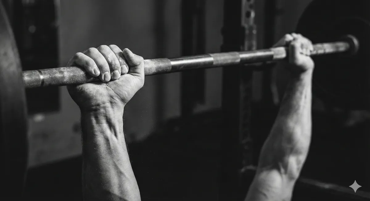 Close-up of hands gripping a barbell for a heavy bench press during a fasted workout, illustrating the intensity of the Push Protocol.