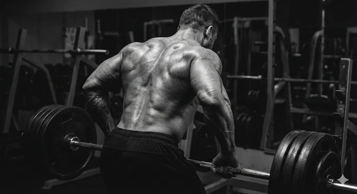 Rear view of a muscular man performing a heavy barbell row during a fasted back workout, showing intense back muscle development and definition.