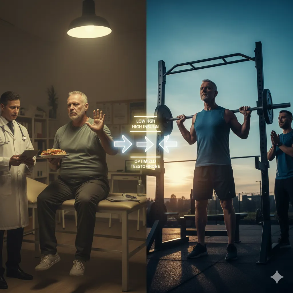 Muscular man (50s, authoritative look) receiving a consultation/check-up, perhaps a split image contrasting a sluggish figure with a sharp, active one.