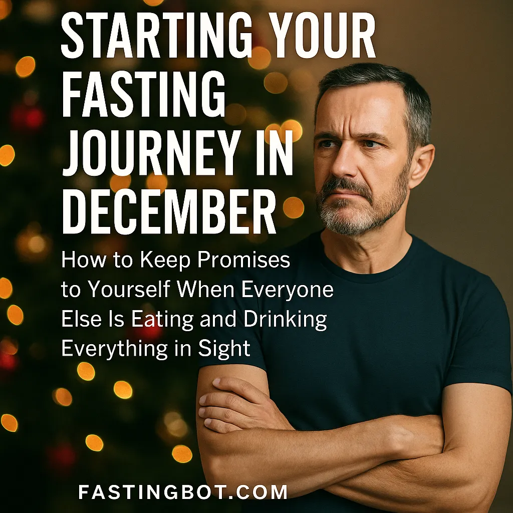 A determined person standing with arms crossed at a festive holiday dinner table full of desserts, ignoring the food, symbolizing discipline, fasting, and self-control during the holidays.