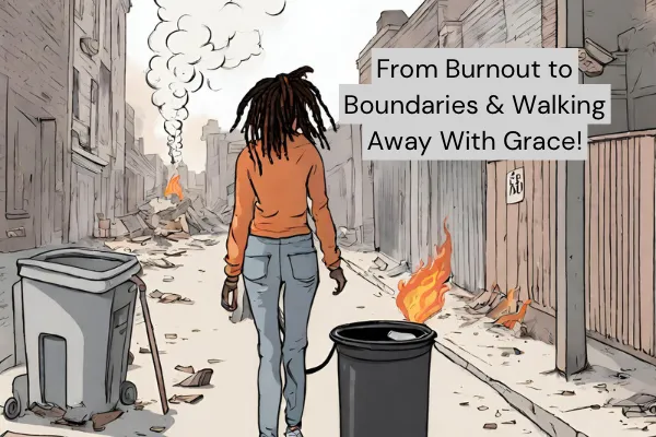 A woman walking away from a trash can on fire