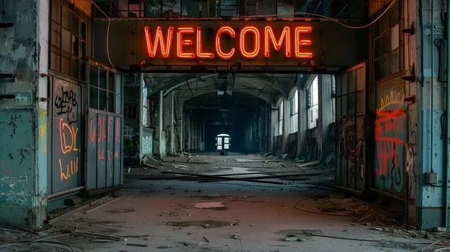 an erie, dark alley with a welcome sign