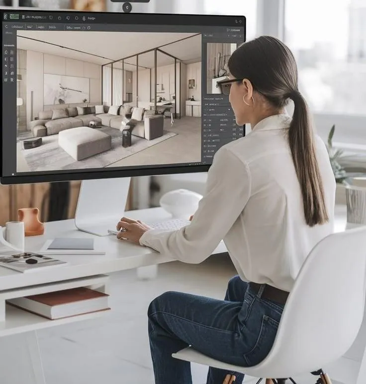 Interior designer using software to create a 3D rendering of a living room.