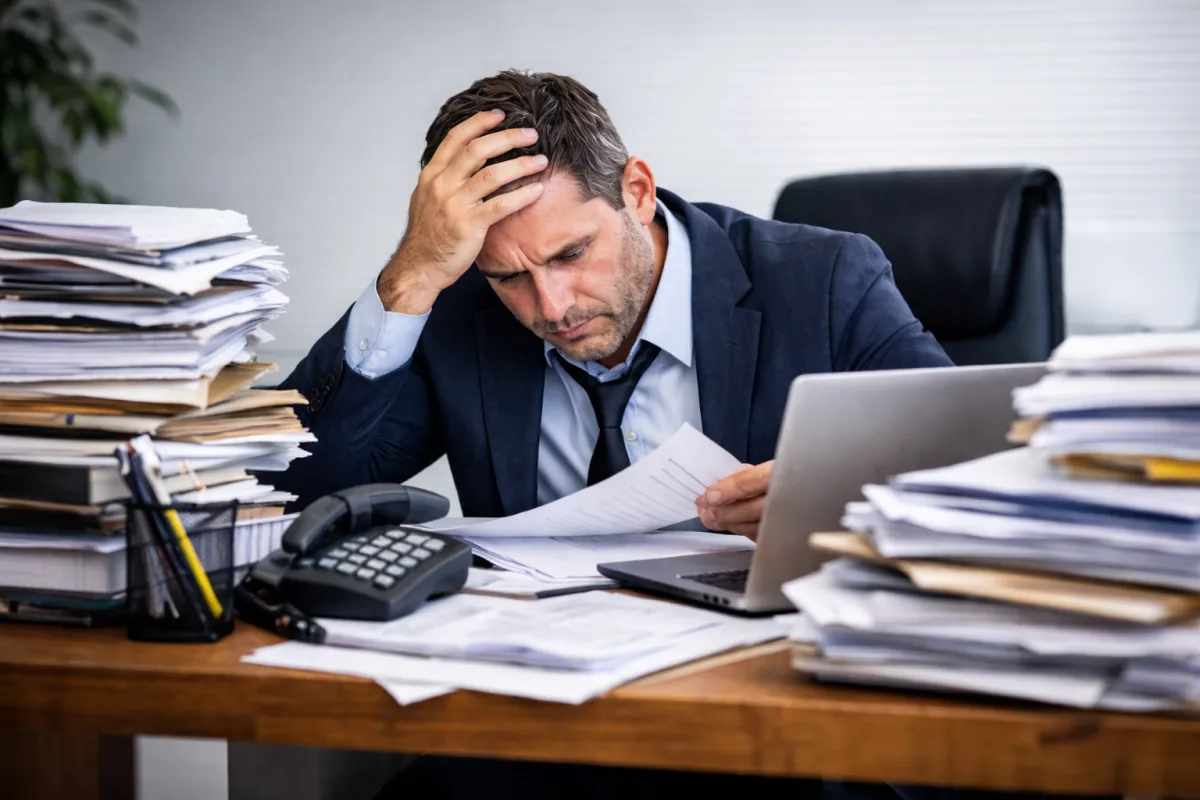 Overwhelmed business owner buried in paperwork at a cluttered desk holding his head in frustration.