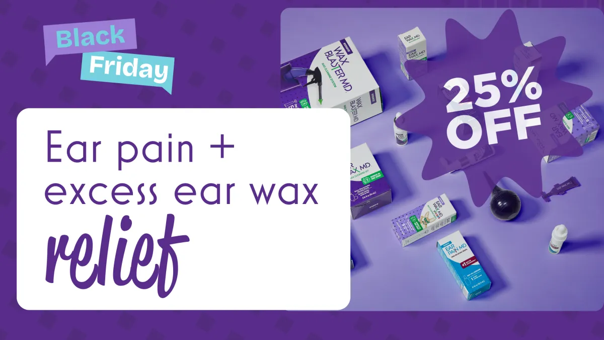 A purple background with images of eosera products. Text says: 25% sale, Ear pain + excess ear wax relief