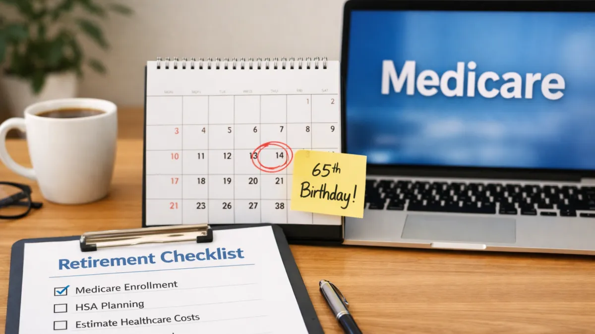 Organized retirement planning desk with a Medicare enrollment checklist, calendar marking a 65th birthday, coffee mug, and laptop screen showing Medicare.