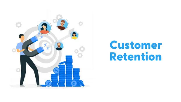 Illustration of a person using a magnet to attract customer icons, symbolizing customer retention, with stacks of coins representing increased profits and the text 'Customer Retention' displayed on the right.