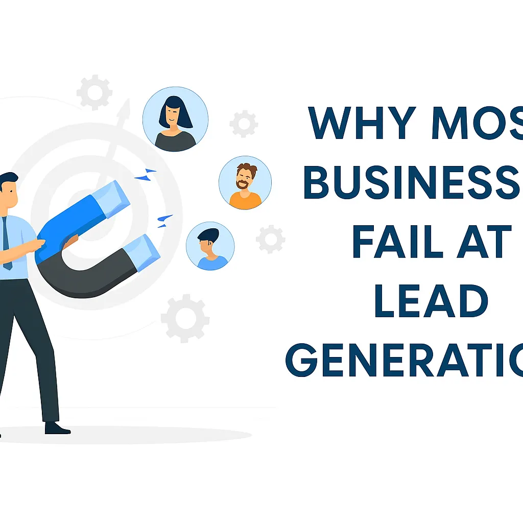 Illustration of a young business owner standing confidently in front of a graph showing increasing leads and revenue, symbolizing successful lead generation and business growth.