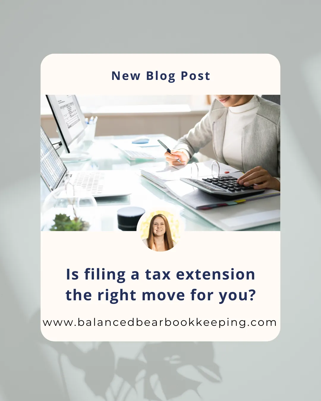 title image with bookkeeper working to finish up work during tax season