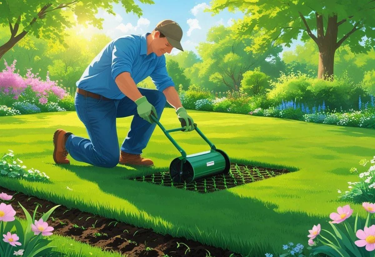 A person cleaning a lawn