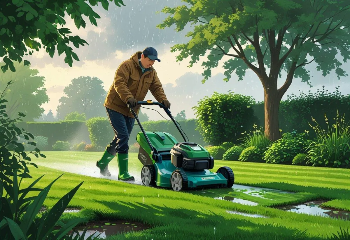 A man mowing in the rain