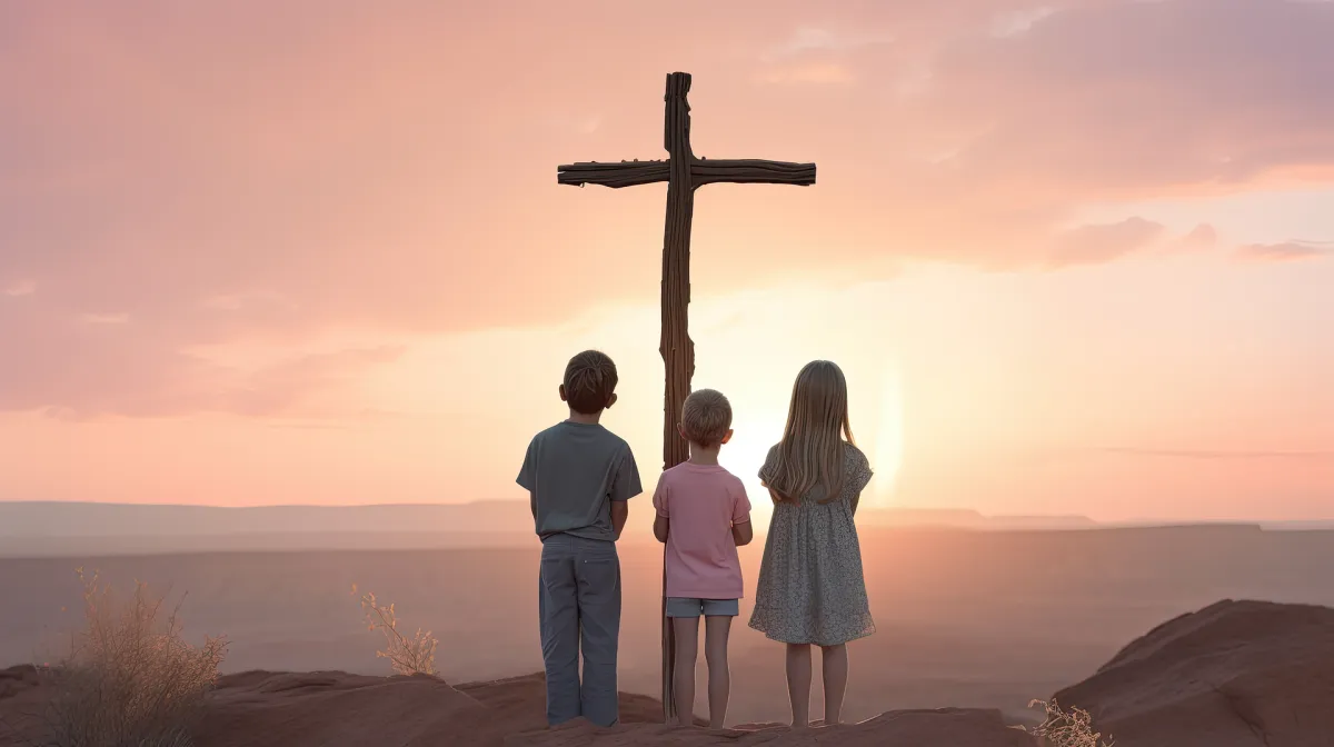Three children before a wooden cross.