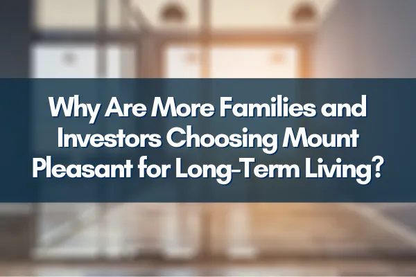 A beautiful street view of Mount Pleasant with lush trees, a waterfront park, and families enjoying outdoor activities, illustrating community charm.