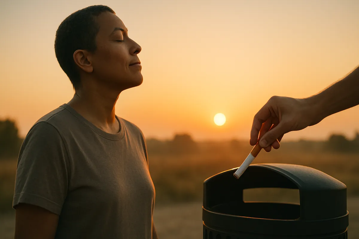 Former smoker breathing comfortably at sunrise, cigarette dropping into a bin.