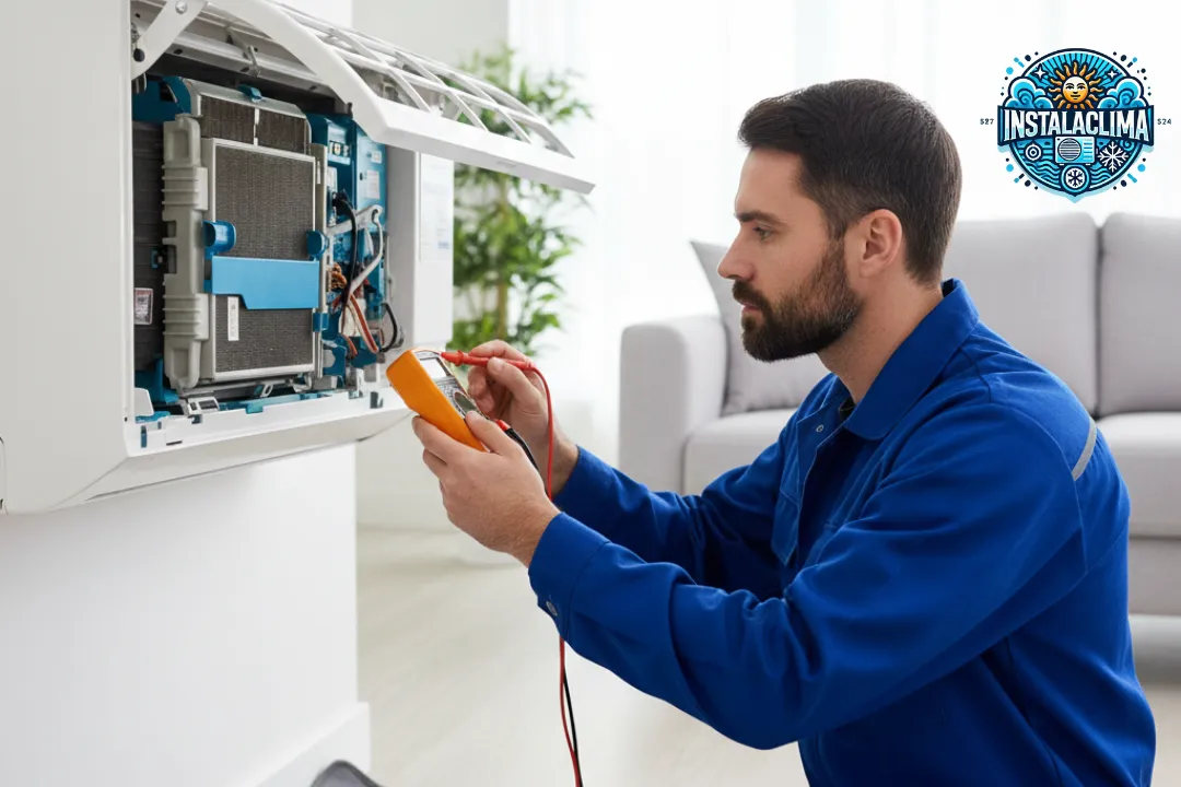 Imagen de un técnico instalando un aire acondicionado correctamente, asegurando la conexión de caños de cobre, manguera de desagote y conexiones eléctricas, mostrando cómo una instalación adecuada asegura un funcionamiento eficiente del equipo.