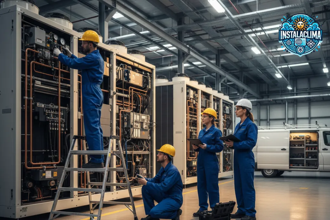 📸 Técnico de Instalaclima realizando mantenimiento preventivo en un aire acondicionado industrial, asegurando su óptimo rendimiento en una empresa.
