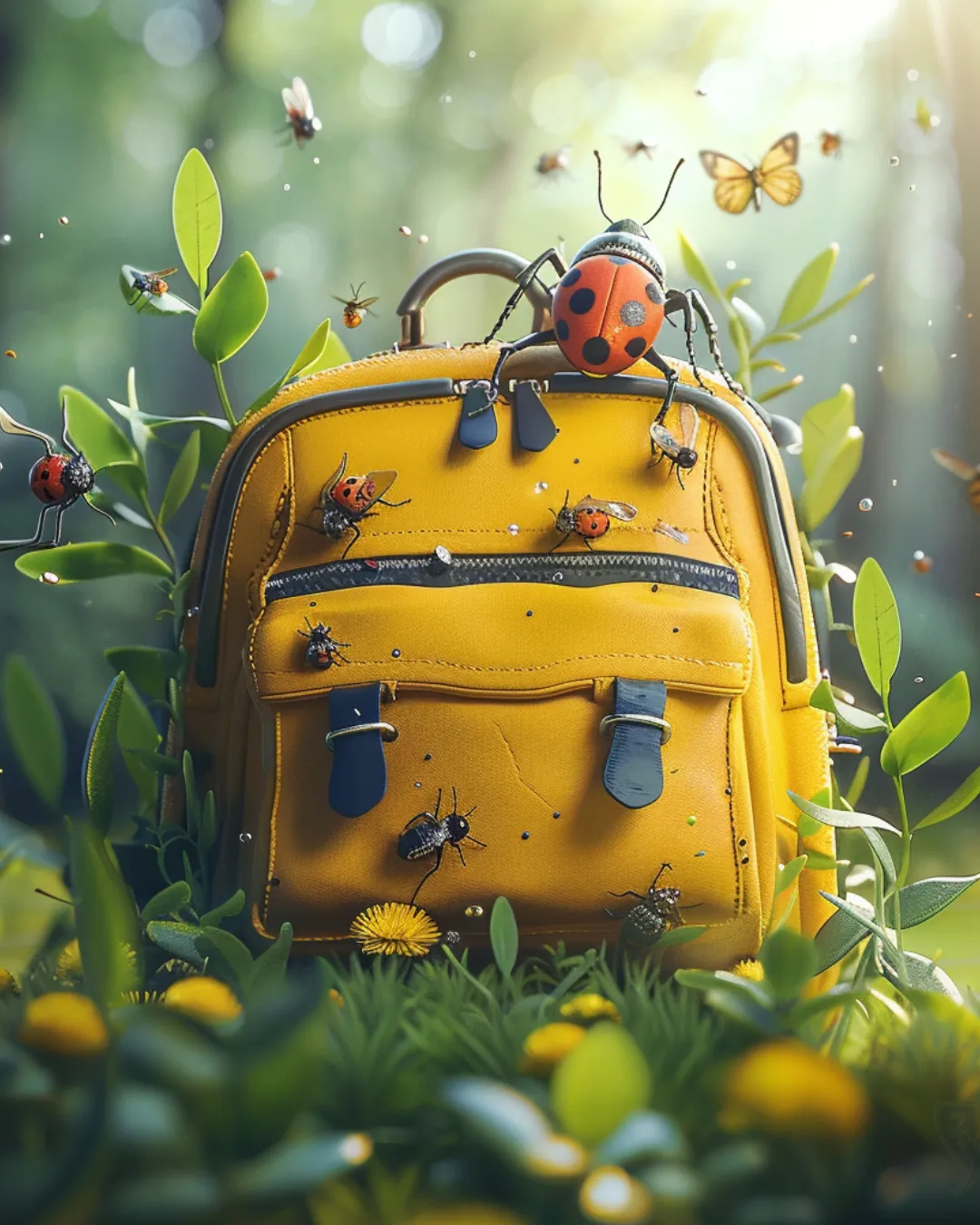 an image of  a school bag pack with a bug on it.