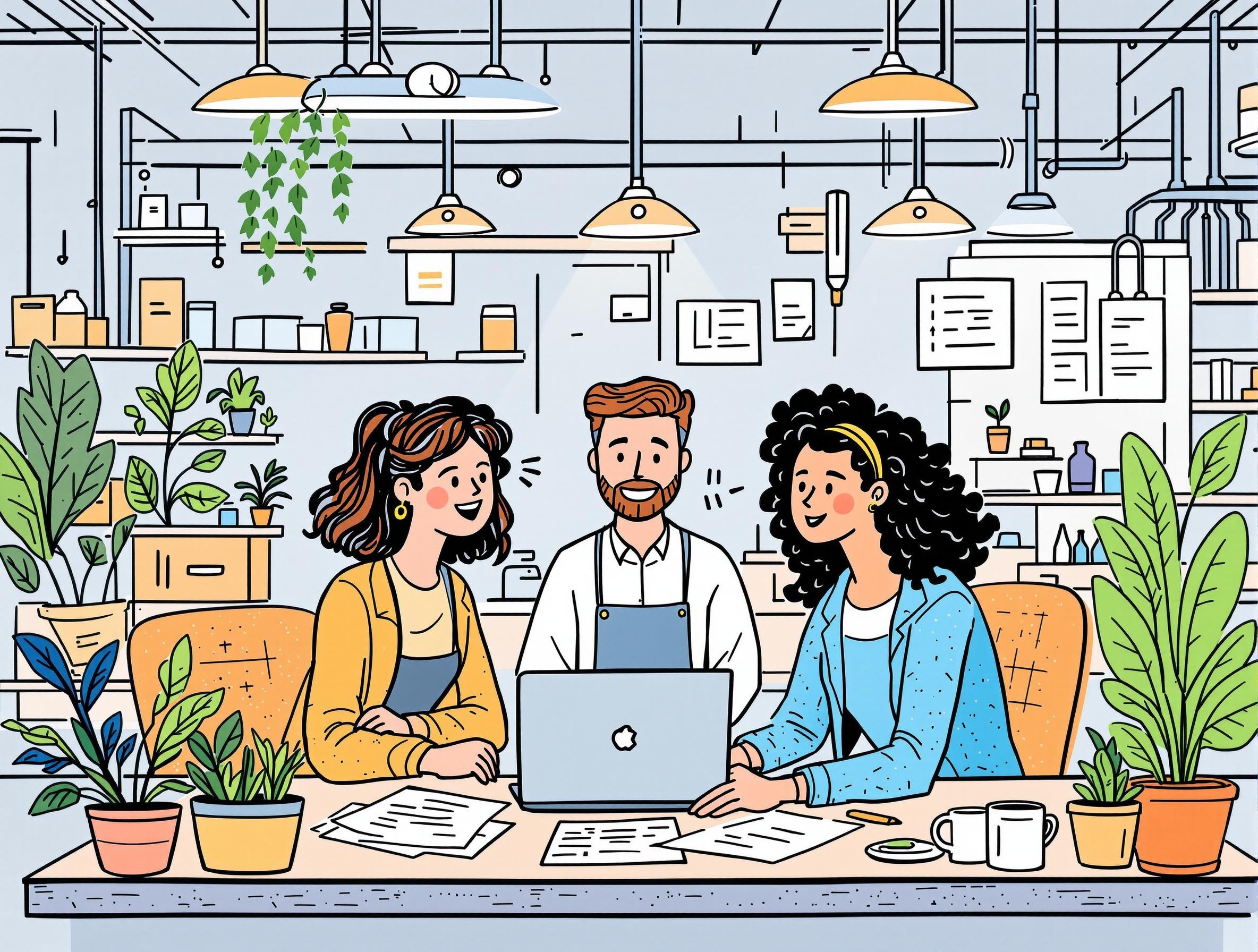 illustration of a small business team collaborating in a modern office with sustainability icons, representing business resilience and teamwork.