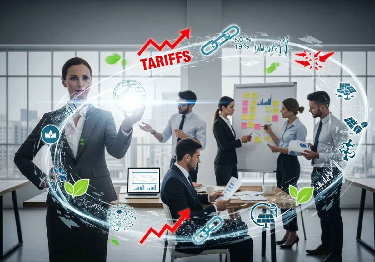 Diverse business team with a leader shining a light through icons for tariffs, interest rates, and supply chain issues, symbolizing confident, transparent leadership and teamwork in uncertain times.