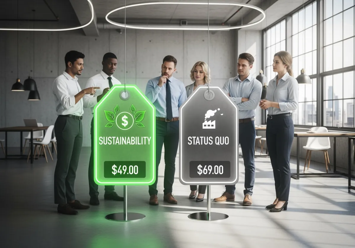 A diverse group of business owners and professionals in a modern workspace compares a glowing “Sustainability” price tag with leaves to a higher “Status Quo” tag with pollution, showing teamwork and the financial benefits of sustainable choices.