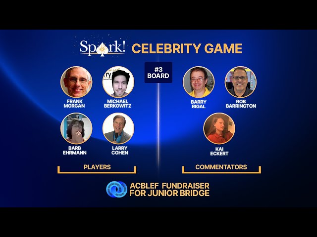 Spark! Celebrity Bridge Game featuring players Frank Morgan, Michael Berkowitz, Barb Ehrmann, and Larry Cohen, with commentators Barry Rigal, Rob Barrington, and Kai Eckert, as part of the ACBLEF Fundraiser for Junior Bridge