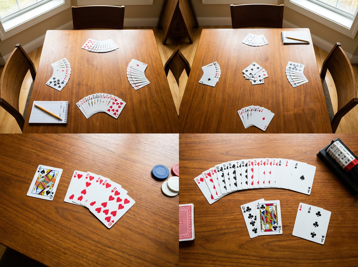 Variety of trick-taking card games including bridge, spades, and hearts displayed on table