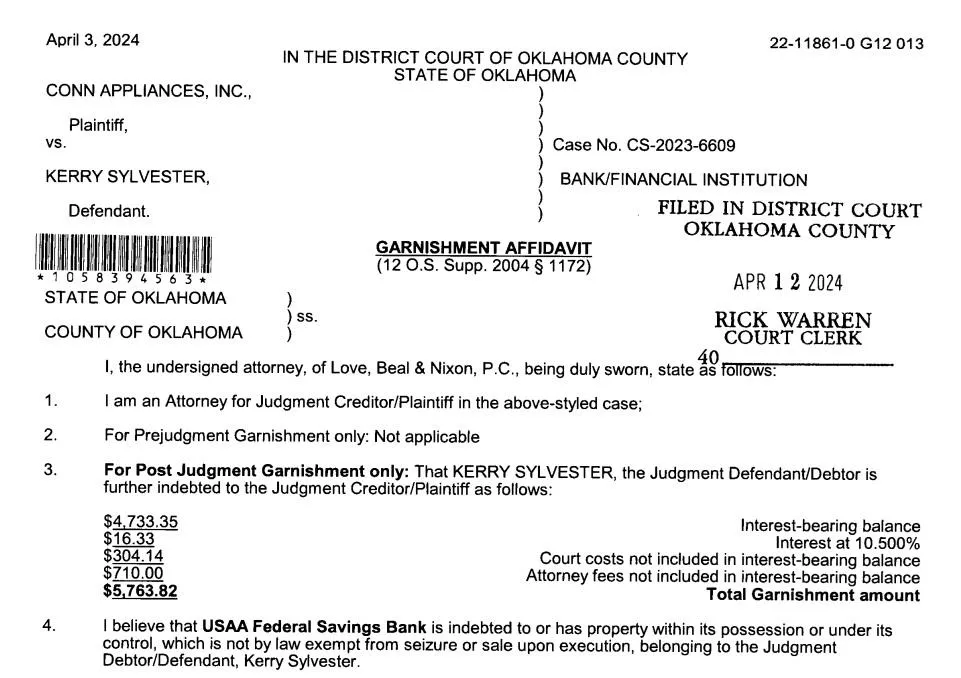 $5,763.82 CONN Appliances Inc Garnishment - Kerry Sylvester
