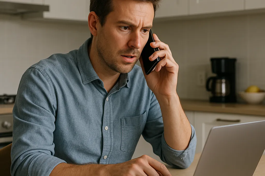 A homeowner searching for a contractor, looking at a laptop while talking on the phone. 