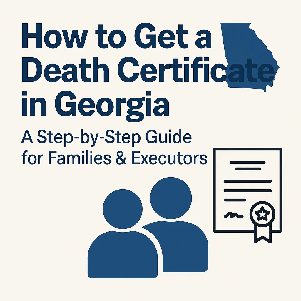 Informational social graphic titled "How to Get a Death Certificate in Georgia" with icons of people, a certificate, and the Georgia state outline.