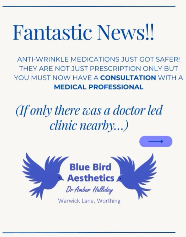 Dr Amber Halliday consults at Blue Bird Aesthetics clinic in Worthing — safe, regulated Botox and dermal filler treatments under new UK laws.