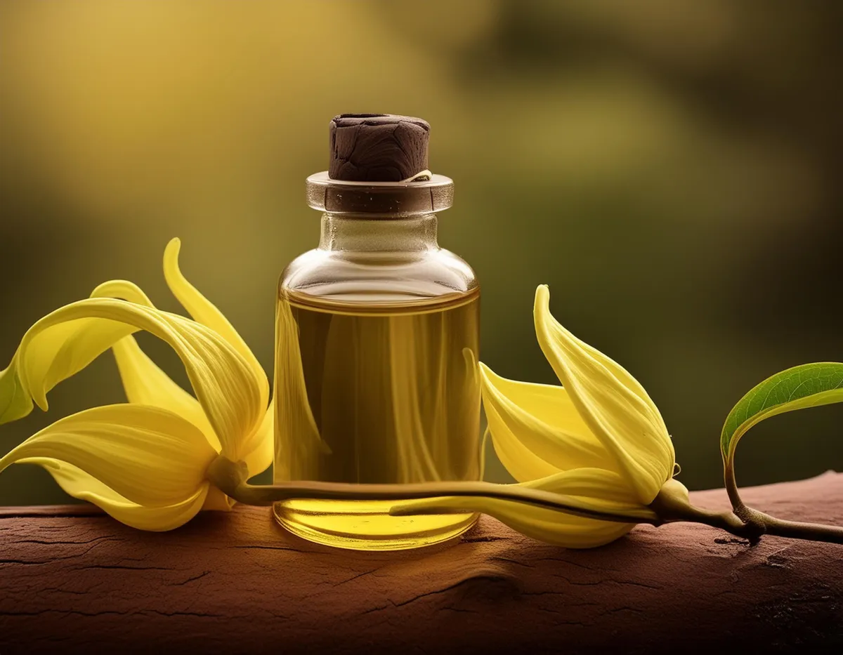 ylang ylang flower and bottle of essential oil