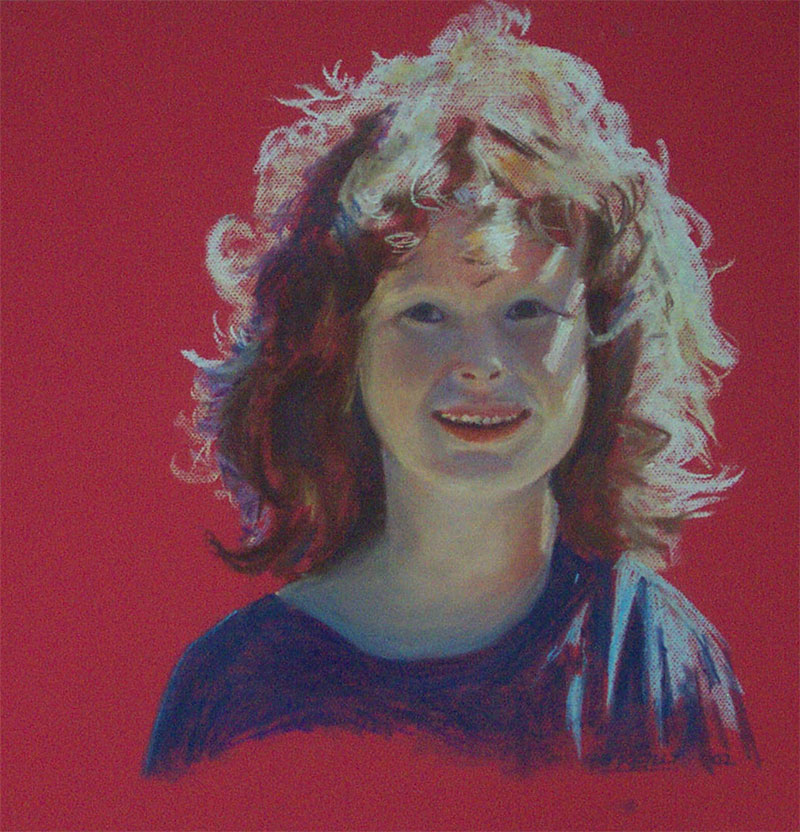A pastel drawing of a young child with curly hair and a bright smile, wearing a dark shirt, set against a vivid red background.