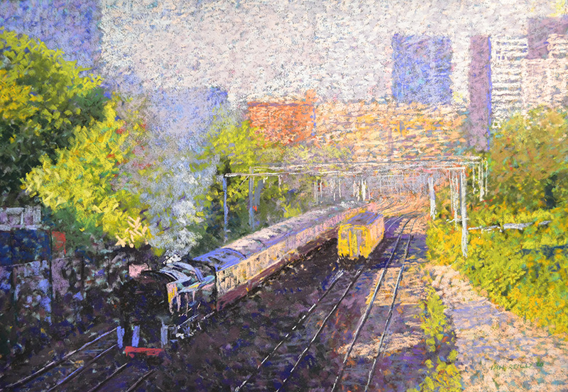 A colorful impressionist painting shows a steam train and a yellow train on parallel tracks, surrounded by green trees, with tall city buildings in the background under a bright sky.