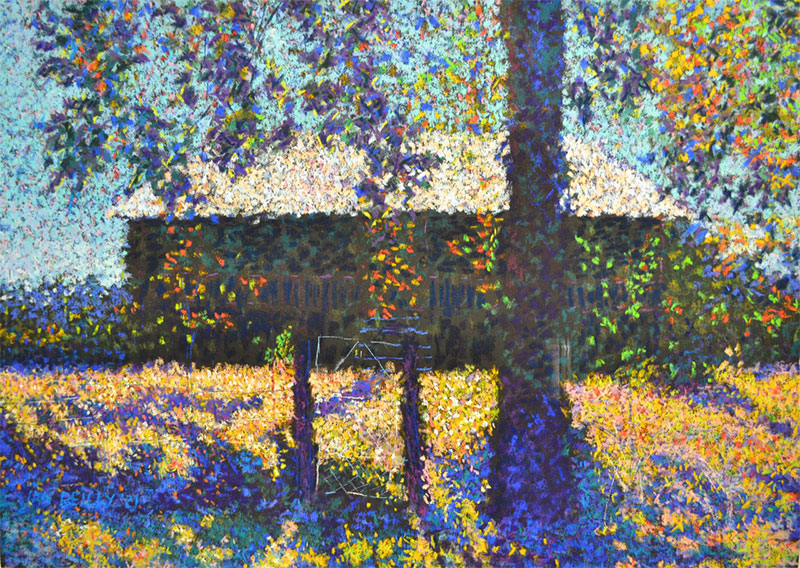 A vibrant, impressionist painting of a sunlit house partially hidden by trees, with colorful dots and brushstrokes creating dappled light on the grass, foliage, and a rustic gate in the foreground.
