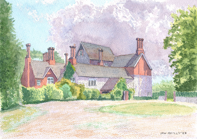 A watercolor painting of a charming country house with red brick walls, multiple tall chimneys, and lush green bushes and trees, under a partly cloudy sky.