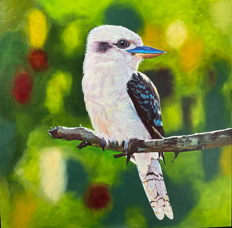 A painting of a kookaburra with white and gray feathers perched on a branch, against a blurred green and yellow background with hints of red and orange.