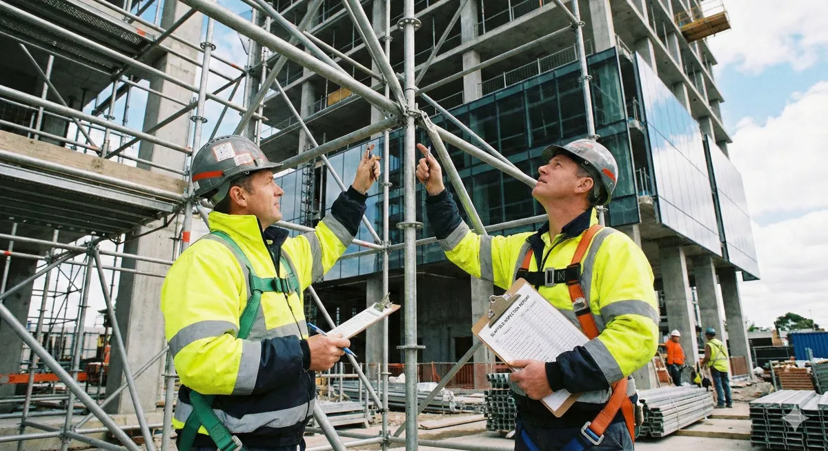 Construction safety inspector wearing a hard hat and high-visibility vest examining scaffolding with a clipboard on a California job site