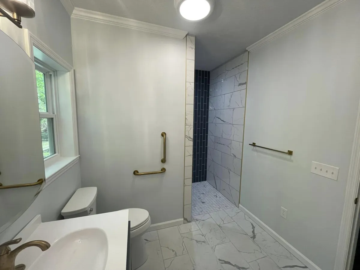 Wide-angle view of completed bathroom remodel by Lakeside Construction