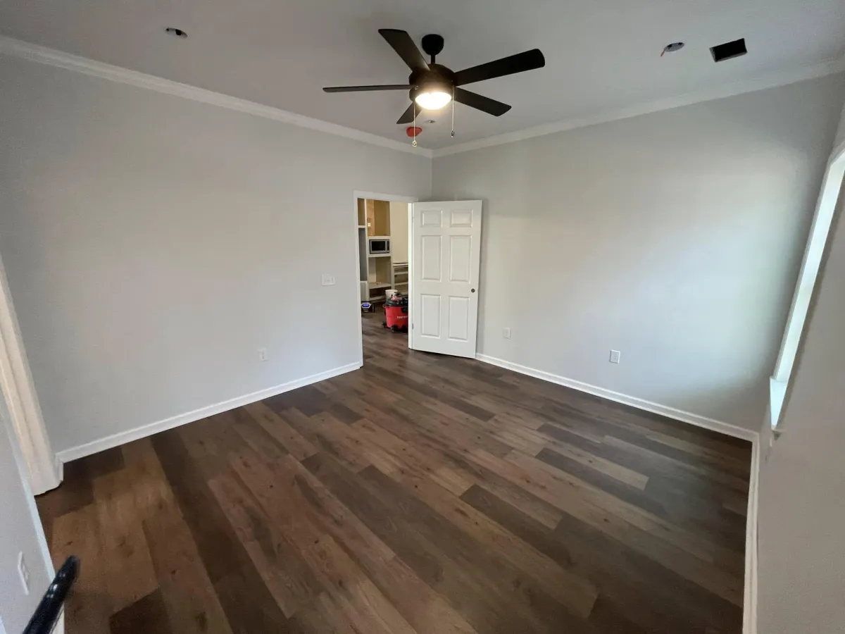 Close-up view of newly installed LVP flooring in Columbia County room addition