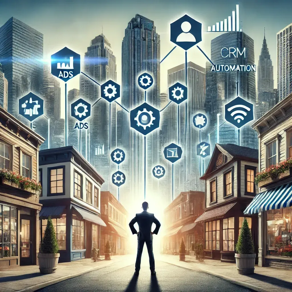 A determined entrepreneur stands confidently in front of a small business storefront, facing towering corporate skyscrapers. Digital marketing icons representing ads, automation, CRM, and analytics float around, symbolizing the tools that help small businesses compete with big brands.