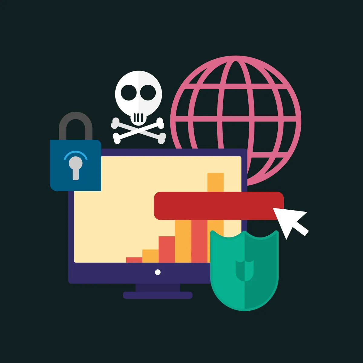 A computer monitor with a lock, shield, skull, and globe icon