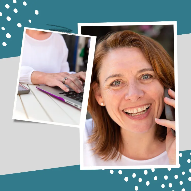 Side-by-side photos of a smiling Jo Richards talking on the phone and her hands typing on a laptop, overlaid on a teal and grey background with dotted accents.