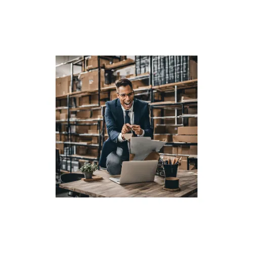 Business professional celebrating a sales milestone in a modern workspace with a laptop and documents, symbolizing success in achieving sales goals. The background includes organized shelves, representing efficiency and strategic planning.