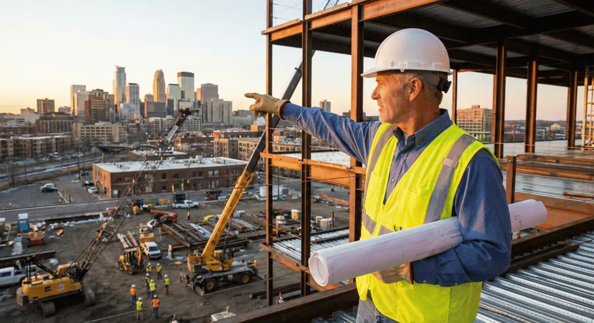 A confident Minneapolis commercial contractor overlooking a job site, representing how executive coaching helps owners scale business without burnout.
