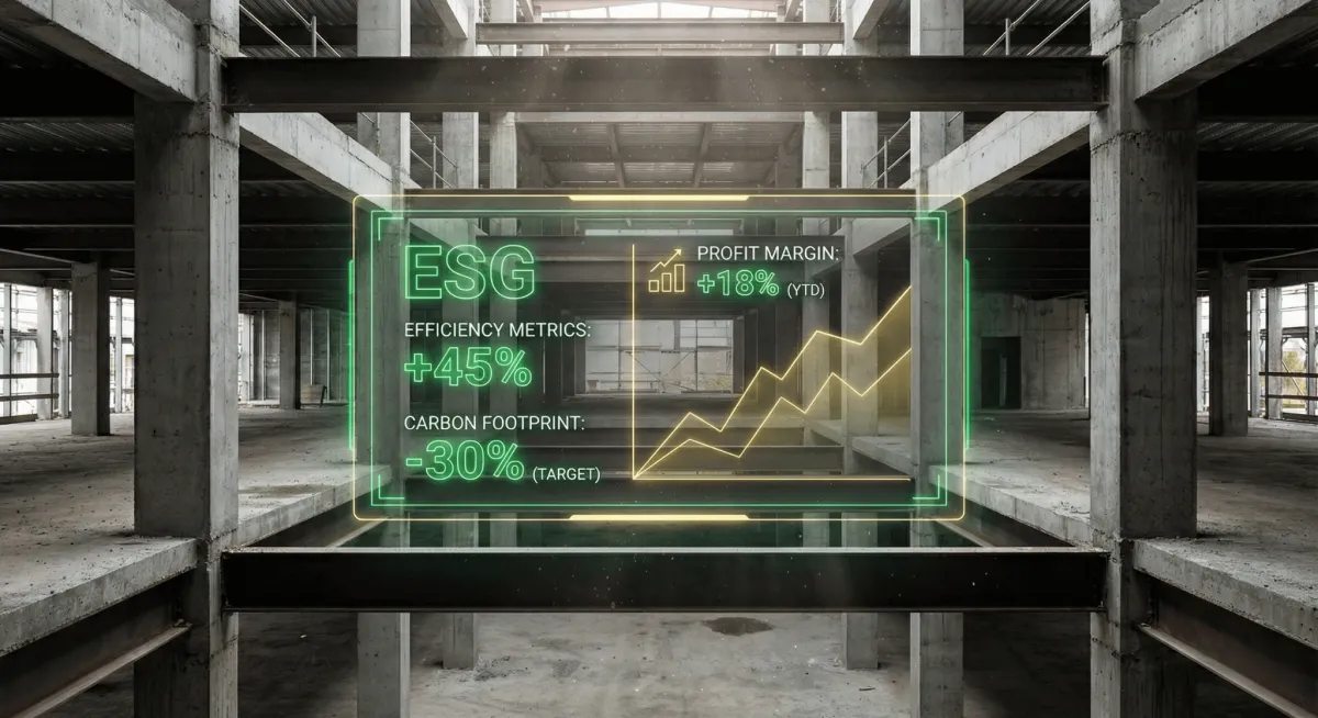 Futuristic holographic data overlay on a commercial job site demonstrating ai estimating and quoting for contractors to automate ESG compliance and protect margins.