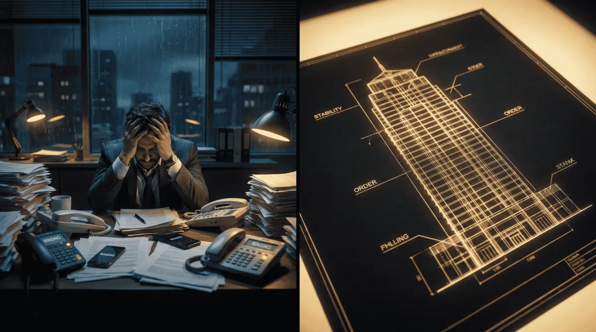 A stressed real estate broker overwhelmed by paperwork versus a structured, scalable business blueprint designed by a real estate firm scaling coach.