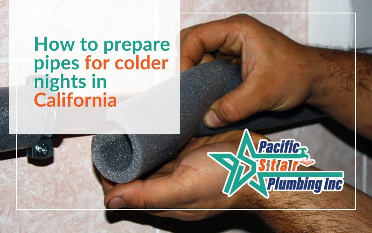 Homeowner insulating exposed pipes in California to prevent freezing and water damage during colder nights.