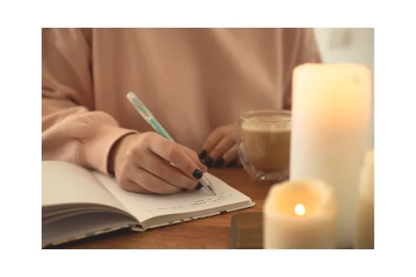 writing at a desk with candles for atmosphere