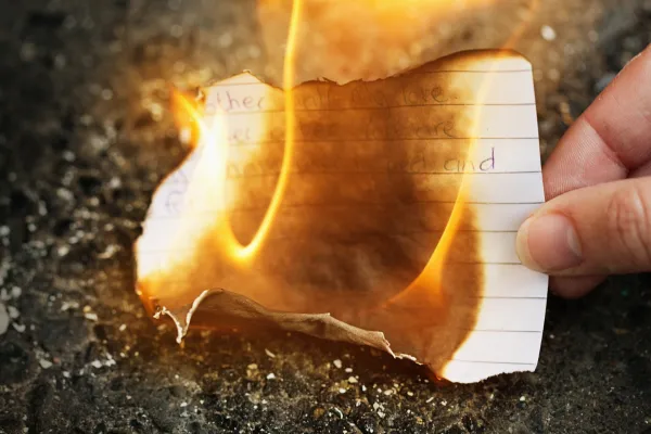 burning a small piece of paper with writing on it